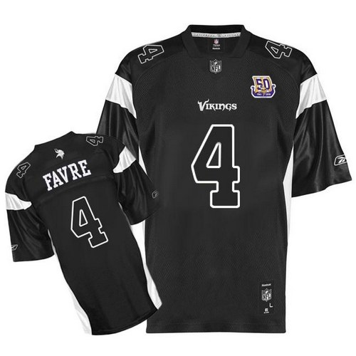 Men's Premier Brett Favre Team 50th Patch Reebok Jersey Black Shadow - #4 Throwback NFL Minnesota Vikings